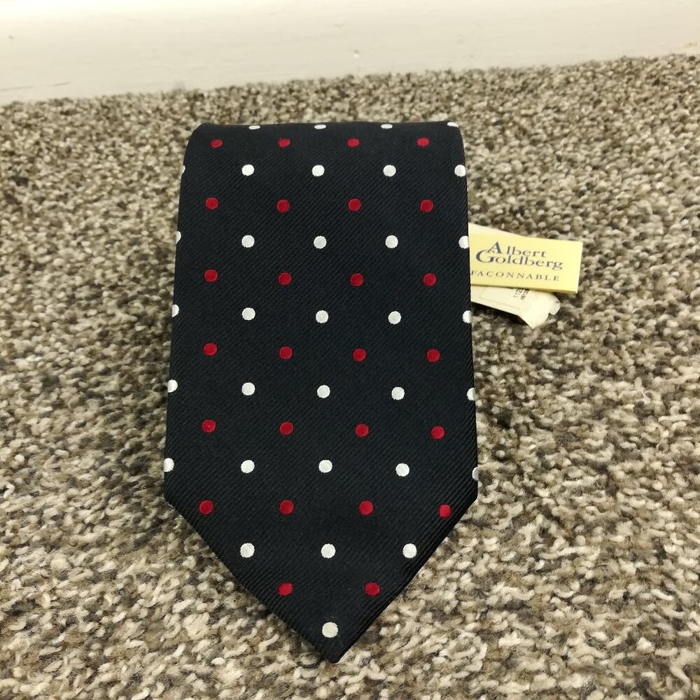 NWT Vintage Faconnable Albert Goldberg Neck Tie Silk Polka Dot Black 57 3.5W